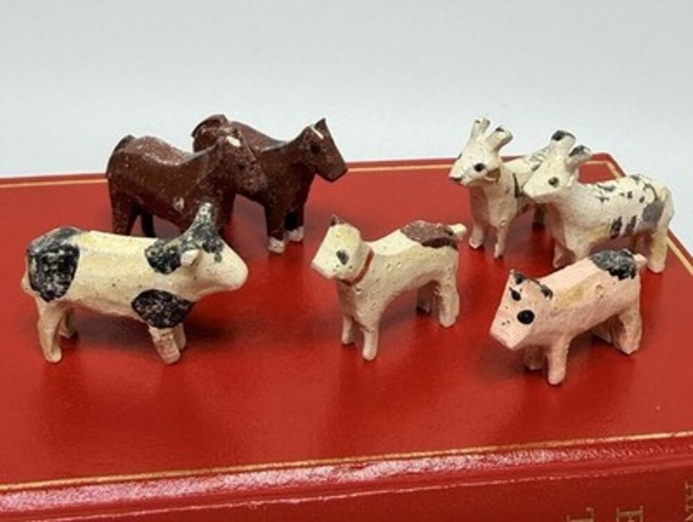 Lot 7 Vtg Erzgebirge Folk Art Hand Carved Wood Children's Toy Farm Animals 1"